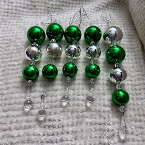 Set 5 Green and Silver Glass Christmas Ornaments